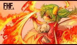 Rule 34 | 1girl, alternate color, bow, daiyousei, dress, english text, engrish text, female focus, fire, green hair, hair bow, injury, letterboxed, long hair, pyrokinesis, ranguage, red eyes, sachito, side ponytail, solo, touhou, wings