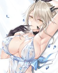 Rule 34 | 1girl, arm up, armpits, artoria pendragon (fate), artoria pendragon (lancer alter) (fate), artoria pendragon (lancer alter) (royal icing) (fate), babydoll, bare shoulders, bed sheet, black gloves, braid, breasts, cleavage, commentary request, dark persona, fate/grand order, fate (series), finger to mouth, french braid, gloves, hair between eyes, highres, horns, kyouki, large breasts, lingerie, looking at viewer, lying, official alternate costume, on back, on bed, pale skin, parted lips, pink lips, revealing clothes, see-through, sideboob, sidelocks, silver hair, solo, tsurime, underwear, upper body, yellow eyes