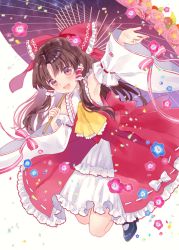Rule 34 | 1girl, :d, adapted costume, ascot, back bow, black footwear, bow, brown eyes, brown hair, camellia, confetti, detached sleeves, flower, frilled bow, frilled skirt, frills, full body, hair bow, hair flower, hair ornament, hair tubes, hakurei reimu, holding, holding umbrella, long hair, long sleeves, looking at viewer, mary janes, nemophila (flower), nontraditional miko, oil-paper umbrella, open mouth, outstretched arm, petals, red bow, red skirt, ribbon, ribbon-trimmed clothes, ribbon trim, shoes, skirt, skirt set, smile, socks, solo, torii sumi, touhou, umbrella, white background, wide sleeves, yellow ascot