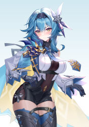 Rule 34 | 1girl, absurdres, aira5, blue hair, blush, breasts, curvy, eula (genshin impact), genshin impact, gloves, hair ornament, hand on own hip, highres, large breasts, long sleeves, looking at viewer, necktie, simple background, solo, thick thighs, thighhighs, thighs