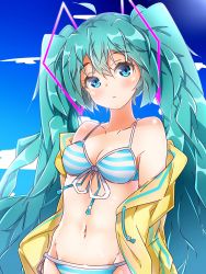Rule 34 | 00s, 1girl, absurdres, aqua eyes, aqua hair, bikini, blue sky, blush, breasts, cloud, cloudy sky, collarbone, commentary, day, expressionless, groin, hair ornament, halkawa501, hatsune miku, highres, jacket, long hair, looking at viewer, navel, sky, small breasts, solo, string bikini, striped bikini, striped clothes, swimsuit, twintails, unworn jacket, upper body, very long hair, vocaloid