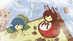 Rule 34 | 2girls, ?, akihiyo, animal ears, blue eyes, brooch, brown hair, cup, drill hair, fins, fish tail, handheld game console, head fins, highres, imaizumi kagerou, japanese clothes, jewelry, kimono, long hair, long sleeves, mermaid, monster girl, multiple girls, tail, teapot, touhou, very long hair, wakasagihime, water, wide sleeves, wolf ears, wolf tail, yunomi, | |