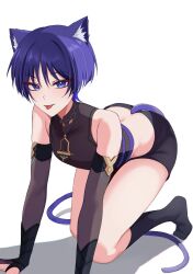 Rule 34 | 1boy, :p, animal ears, ass, back, black shirt, black shorts, black sleeves, cat boy, cat ears, cat tail, chobonu, crop top, genshin impact, hair between eyes, highres, japanese clothes, looking at viewer, male focus, purple eyes, purple hair, purple tail, scaramouche (genshin impact), shirt, short hair, shorts, smile, solo, tail, tongue, tongue out, white background