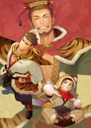 Rule 34 | 1boy, animal ears, animal print, arm guards, baozi, beard, blue eyes, brown footwear, brown hair, butterfly sitting, commentary request, facial hair, food, fur trim, green tunic, grin, hand on own hip, hat, highres, itto (mentaiko), male focus, sangokushi puzzle taisen, scarf, sitting, smile, standing, sun quan, tiger, tiger ears, tiger print