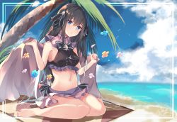 Rule 34 | 1girl, absurdres, arcaea, bad id, bad pixiv id, bare arms, bare legs, bare shoulders, barefoot, beach, beach mat, black bow, black bowtie, black hair, black ribbon, blue eyes, blue flower, blue hair, blue sky, bow, bowtie, breasts, cloud, commentary request, crop top, day, flower, hair ribbon, head tilt, highres, holding, horizon, huge filesize, long hair, looking at viewer, medium breasts, midriff, miniskirt, multicolored hair, mushpz, navel, ocean, orange flower, outdoors, palm tree, parted lips, pink flower, ribbon, signature, sitting, skirt, sky, sleeveless, solo, stomach, tairitsu (arcaea), thighs, towel, tree, two-tone hair, very long hair, wariza, water