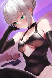 Rule 34 | 1girl, ahoge, bare shoulders, black gloves, black thighhighs, breasts, character request, clothing cutout, commentary request, copyright request, elbow gloves, frown, gloves, green eyes, halterneck, highleg, highleg leotard, highres, leotard, rakuga kiya, sidelocks, silver hair, sitting, small breasts, solo, thighhighs, thighs, underboob, underboob cutout
