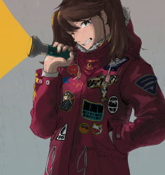 Rule 34 | 1girl, absurdres, badge, brown hair, casual, commentary request, fairy, fairy (kancolle), flashlight, fur collar, highres, jacket, kantai collection, looking at viewer, magatama, no headwear, one eye closed, patch, red jacket, ryuujou (kancolle), simple background, solo, twintails, zippo teifujou