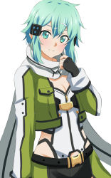 Rule 34 | 1girl, aqua eyes, belt, black belt, black gloves, black shorts, blue hair, blush, breasts, cleavage, closed mouth, dars (recolors), fingerless gloves, gloves, green jacket, hair between eyes, hair ornament, hairclip, highres, jacket, leotard, long hair, long sleeves, looking at viewer, open clothes, open jacket, short shorts, shorts, simple background, sinon, small breasts, smile, solo, sword art online, white background, white leotard