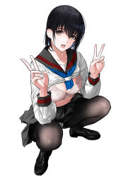 1girl :d black_footwear black_hair black_pantyhose black_sailor_collar black_skirt blue_neckerchief bra breasts cleavage clothes_lift commentary_request double_v from_above hands_up lace lace-trimmed_bra lace_trim large_breasts loafers medium_hair mibu_natsuki neckerchief open_mouth original panties pantyhose sailor_collar shirt_lift shoes simple_background skirt skirt_lift smile solo squatting teeth tongue underwear upper_teeth_only v white_background white_bra white_panties yellow_eyes