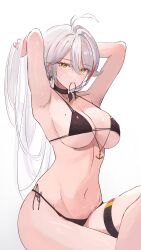 Rule 34 | absurdres, adjusting hair, anchor symbol, andri sakie, armpits, arms behind head, arms up, azur lane, bare shoulders, bikini, black bikini, breasts, cleavage, commentary, hair between eyes, highres, large breasts, looking at viewer, mole, mole on breast, mouth hold, multicolored hair, navel, parted bangs, prinz eugen (azur lane), red hair, side-tie bikini bottom, simple background, streaked hair, swimsuit, thigh strap, white background, white hair, yellow eyes