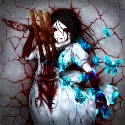 Rule 34 | alice: madness returns, alice (alice in wonderland), alice in wonderland, alice liddell (american mcgee&#039;s alice), alternate form, american mcgee&#039;s alice, blood, colored sclera, dress, guro, highres, knife, red eyes, red sclera