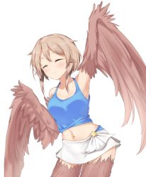 Rule 34 | 1girl, ^ ^, arm up, armpits, blue tank top, breasts, closed eyes, closed mouth, commentary, dinosaurus (azimangasaurus), english commentary, existence, closed eyes, facing viewer, feathered wings, game cg, hair between eyes, harpy, kari (existence), light brown hair, medium breasts, midriff, monster girl, navel, skirt, smile, solo, standing, tank top, transparent background, white skirt, winged arms, wings