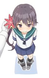 Rule 34 | 10s, 1boy, 1girl, akebono (kancolle), arms behind back, bad id, bad pixiv id, bell, black socks, blouse, blue skirt, blush, closed mouth, coupon (skyth), embarrassed, flower, from above, frown, full body, gloves, hair bell, hair flower, hair ornament, jingle bell, kantai collection, kneehighs, long hair, long sleeves, looking at viewer, looking up, out of frame, outstretched arm, pleated skirt, pov, pov hands, purple eyes, purple hair, sailor collar, school uniform, serafuku, shirt, short sleeves, side ponytail, simple background, skirt, socks, solo focus, standing, very long hair, white background, white gloves, white shirt