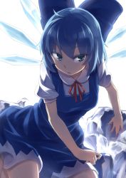 Rule 34 | 1girl, bad id, bad pixiv id, blue eyes, blue hair, bow, cirno, dress, hair bow, highres, ice, matching hair/eyes, oborofu, short hair, simple background, solo, touhou, white background, wings