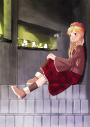 Rule 34 | 10s, 1girl, against wall, alternate costume, ankle boots, bad id, bad pixiv id, beret, black ribbon, black socks, blonde hair, blunt bangs, blush, boots, brown footwear, building, buttons, casual, contemporary, day, expressionless, fujimo ruru, full body, fur-trimmed boots, fur trim, gradient hair, hair ornament, hair ribbon, hairclip, hat, highres, jacket, kantai collection, knee up, kneehighs, long hair, long skirt, long sleeves, looking at viewer, looking to the side, multicolored hair, nail polish, orange hair, parted lips, pink nails, plaid, plaid skirt, red eyes, red hat, red jacket, red skirt, ribbon, sitting, skirt, socks, solo, stairs, striped clothes, striped socks, sunlight, unmoving pattern, vertical-striped clothes, vertical-striped socks, very long hair, wide sleeves, yuudachi (kancolle), yuudachi kai ni (kancolle)