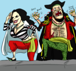 Rule 34 | 1boy, 1girl, beard, black hair, bottle, breasts, cape, catarina devon, cleavage, coat, epaulettes, facial hair, hat, jewelry, large breasts, long hair, marshall d. teach, missing tooth, necklace, non-web source, one piece, pants, prison clothes, red pants, red shirt, ring, sash, shirt, spyglass, striped clothes, striped shirt, what