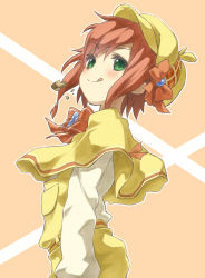 Rule 34 | 10s, 1girl, :q, brown hair, chirosuke (nameless), green eyes, hat, short hair, simple background, smile, solo, tantei opera milky holmes, tongue, tongue out, yuzurizaki nero