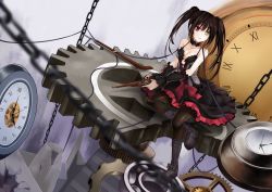 Rule 34 | 10s, 1girl, bare shoulders, black hair, black legwear, blurry, boots, breasts, chain, cleavage, clock, clock eyes, collarbone, cross-laced footwear, date a live, depth of field, dress, dutch angle, gears, gun, heterochromia, lace-up boots, lolita fashion, long hair, looking at viewer, medium breasts, no headwear, qiuzhi huiyi, red eyes, rifle, sitting, solo, symbol-shaped pupils, tokisaki kurumi, twintails, weapon, yellow eyes
