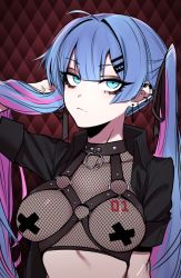 Rule 34 | 1girl, ahoge, blue eyes, blue hair, blunt bangs, breasts, commentary, earrings, english commentary, fishnets, goth fashion, hair between eyes, hatsune miku, j.k., jewelry, long hair, looking at viewer, medium breasts, multicolored hair, pasties, purple hair, solo, tape, tape on nipples, twintails, two-tone hair, upper body, vocaloid