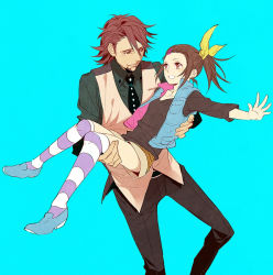 Rule 34 | 10s, 1boy, 1girl, age difference, bad id, bad pixiv id, braid, braided bangs, brown eyes, brown hair, carrying, facial hair, father and daughter, hair ornament, hairclip, jacket, kaburagi kaede, kaburagi t. kotetsu, necktie, oto69, oto (phenomenon), outstretched arms, princess carry, short hair, shorts, side ponytail, striped clothes, striped thighhighs, stubble, thighhighs, tiger &amp; bunny, vest, waistcoat