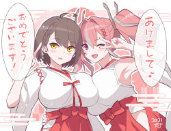 Rule 34 | 2girls, :d, ahoge, alternate costume, armpits, azur lane, baltimore (azur lane), bare shoulders, blush, braid, breasts, bremerton (azur lane), commentary request, hair behind ear, hair between eyes, hair ornament, hakama, hakama short skirt, hakama skirt, headgear, holding person, hori (hori no su), japanese clothes, kimono, large breasts, long hair, mole, mole under eye, multicolored hair, multiple girls, nail polish, obi, one eye closed, open mouth, pink eyes, pink hair, pink nails, sash, short hair, side braid, skirt, smile, streaked hair, translation request, twintails, v, white background, white kimono, wide sleeves, x hair ornament, yellow eyes