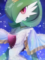 Rule 34 | 1girl, arms at sides, artist name, blue background, blue capelet, blush, bob cut, capelet, closed mouth, clothed pokemon, colored skin, creatures (company), female focus, flat chest, game freak, gardevoir, gardevoir (aurora), gen 3 pokemon, gold trim, green hair, green skin, hair over one eye, happy, highres, jewelry, lace, lace-trimmed capelet, lace trim, light blush, looking at viewer, multicolored skin, neck ring, nintendo, one eye covered, pokemon, pokemon (creature), pokemon unite, red eyes, see-through, see-through capelet, short hair, smile, snowing, solo, suahh, tiara, twitter username, two-tone skin, upper body, watermark, white skin, yellow headwear