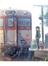 Rule 34 | 1girl, bag, brown eyes, brown hair, daito, day, hat, highres, jacket, letterboxed, long hair, looking at viewer, original, outdoors, smile, solo, standing, suitcase, train