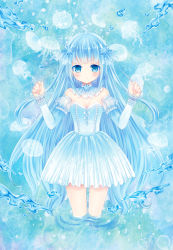 Rule 34 | 1girl, ahoge, bare shoulders, conductor baton, bead bracelet, bead necklace, beads, blue background, blue dress, blue eyes, blue hair, blue theme, blunt bangs, blush, bracelet, breasts, cleavage, closed mouth, commentary request, detached collar, detached sleeves, dress, expressionless, hair ornament, hands up, highres, holding, jellyfish, jewelry, long hair, long sleeves, looking at viewer, medium breasts, mitsuba choco, necklace, original, puffy long sleeves, puffy sleeves, ripples, see-through, sidelocks, solo, standing, strapless, strapless dress, very long hair, wading, water
