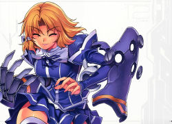 Rule 34 | 1girl, absurdres, blonde hair, blue ribbon, blush, breasts, chiffon fairchild, claw (weapon), claws, dress, closed eyes, female focus, freezing (series), highres, huge filesize, kim kwang hyun, large breasts, lips, looking at viewer, official art, parted lips, ribbon, scan, school uniform, shirt, skirt, skirt set, smile, solo, weapon