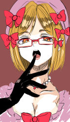 Rule 34 | 1girl, black gloves, blonde hair, bow, glasses, gloves, hair bow, hat, highres, jewelry, lambdadelta, long28, necklace, open mouth, orange eyes, pearl necklace, pink hat, short hair, simple background, solo, umineko no naku koro ni