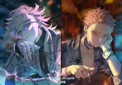 Rule 34 | 2boys, akaza (kimetsu no yaiba), arm tattoo, artist name, black shirt, blue jacket, blurry, blurry background, chain, chong458, colored eyelashes, contemporary, cuffs, denim, denim jacket, douma (kimetsu no yaiba), ear piercing, earrings, elbow on table, eyelashes, flipped hair, forked eyebrows, glasses, green eyes, hair between eyes, hand on own cheek, hand on own face, handcuffs, head rest, highres, jacket, jewelry, key, kimetsu no yaiba, long sleeves, looking at viewer, male focus, medium hair, multicolored eyes, multiple boys, neck tattoo, necklace, orange eyes, pendant, piercing, pink-tinted eyewear, pink hair, plaid, plaid jacket, rainbow eyes, ring, shared handcuffs, shirt, short hair, sleeves rolled up, split screen, t-shirt, tattoo, text in eyes, tight clothes, tight shirt, tinted eyewear, turtleneck, upper body, white hair, yaoi