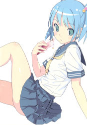 Rule 34 | 1girl, absurdres, arm support, blue eyes, blue hair, blue skirt, blush, breasts, cellphone, fingernails, hair bobbles, hair ornament, highres, holding, koutaro, looking at viewer, original, parted lips, phone, pleated skirt, scan, school uniform, shiny skin, short hair, short sleeves, short twintails, simple background, skirt, small breasts, solo, thighs, twintails, white background