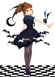 Rule 34 | 10s, 1girl, animal print, bat (animal), bat print, brown hair, checkered floor, crescent moon, dress, floor, from behind, hair ornament, highres, idolmaster, idolmaster (classic), idolmaster 2, lace, lace-trimmed legwear, lace trim, looking back, moon, my dear vampire, outstretched arm, patterned legwear, print thighhighs, red eyes, sei-teki, solo, spider web print, standing, takatsuki yayoi, thighhighs, twintails