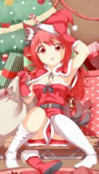 Rule 34 | 1girl, alternate hairstyle, animal ears, armpits, bag, bell, boots, unworn boots, box, breasts, candy, candy cane, capelet, cat ears, cat tail, christmas, christmas tree, cleavage, dress, feet, food, gift, gift box, gloves, hat, highres, kaenbyou rin, knees together feet apart, looking at viewer, multiple tails, nekomata, open mouth, psychopath idiot, red eyes, red footwear, red gloves, red hair, santa boots, santa costume, santa hat, sitting, solo, strapless, strapless dress, tail, tail bell, tail ornament, thighhighs, touhou, white thighhighs