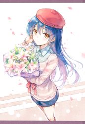 Rule 34 | 10s, 1girl, blue hair, bouquet, flower, hat, highres, hiten (hitenkei), letterboxed, long hair, love live!, love live! school idol festival, love live! school idol project, petals, smile, solo, sonoda umi, yellow eyes