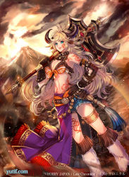 Rule 34 | 1girl, aqua eyes, arm tattoo, artist name, axe, blonde hair, breasts, brown gloves, cleavage, copyright name, facial tattoo, gloves, hand on own hip, holding, holding axe, horns, last chronicle, leg tattoo, legband, long hair, midriff, mountain, official art, open mouth, outdoors, over shoulder, solo, standing, tassel, tattoo, watermark, weapon, web address, white legwear, yutif