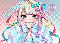 Rule 34 | 1girl, ame-chan (needy girl overdose), blue bow, blue eyes, blue hair, blue jacket, blush, bow, chouzetsusaikawa tenshi-chan, collarbone, drill hair, eyelashes, hair bow, hands on own cheeks, hands on own face, happy, heart, holographic clothing, jacket, long sleeves, looking at viewer, makeup, mascara, multicolored hair, multiple hair bows, needy girl overdose, open mouth, pill, pink bow, pink hair, purple bow, sidelocks, smile, solo, syringe, teeth, twintails, upper body, white hair, zsio 25