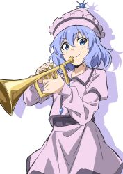 Rule 34 | 1girl, blue eyes, blush, closed mouth, collared shirt, frilled shirt collar, frills, gyouza (mhea5724), hair between eyes, hat, highres, holding, holding instrument, instrument, juliet sleeves, long sleeves, looking at viewer, merlin prismriver, pink hat, pink shirt, pink skirt, puffy sleeves, purple hair, shirt, short hair, simple background, skirt, skirt set, smile, solo, touhou, trumpet, white background