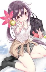Rule 34 | 10s, 1girl, :t, absurdres, akebono (kancolle), bag, bell, black skirt, black socks, blouse, bra, cardigan, clothes around waist, flower, hair bell, hair flower, hair ornament, hamaken. (novelize), highres, kantai collection, looking at viewer, plaid, plaid skirt, pointing, ponytail, pout, purple eyes, purple hair, rubber band, school bag, see-through, shirt, simple background, sitting, skirt, socks, solo, underwear, wet, white shirt