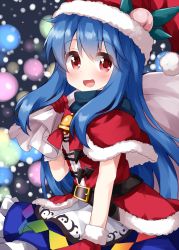 Rule 34 | 1girl, :d, alternate costume, bag, bell, belt, blue hair, blurry, blurry background, blush, bokeh, commentary request, cowboy shot, depth of field, flat chest, food, fruit, gloves, hair between eyes, hat, highres, hinanawi tenshi, holding, holding bag, long hair, one-hour drawing challenge, open mouth, peach, pom pom (clothes), red eyes, red gloves, ruu (tksymkw), santa costume, santa hat, smile, snowing, solo, standing, touhou, very long hair