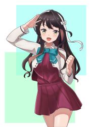 Rule 34 | 1girl, absurdres, aqua background, aqua bow, aqua bowtie, black hair, blazer, bow, bowtie, breasts, dress, green background, hair down, hairband, halterneck, highres, jacket, kantai collection, kumaguang, large breasts, long hair, looking at viewer, multicolored background, multicolored hair, naganami (kancolle), naganami kai ni (kancolle), pink hair, salute, shirt, solo, two-tone hair, wavy hair, white background, white hairband, white shirt