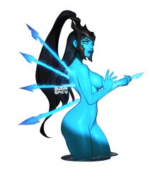 Rule 34 | 1girl, artist name, black hair, blue lips, blue skin, blushyspicy, breasts, colored skin, completely nude, from side, glowing, glowing weapon, green eyes, helmet, kalista, large breasts, league of legends, long hair, looking at viewer, nude, polearm, shiny skin, simple background, solo, transparent background, wading, water, weapon