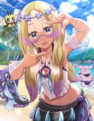 Rule 34 | 1girl, absurdres, beach, blonde hair, blue sky, breasts, cleavage, cloud, collarbone, creatures (company), game freak, gen 1 pokemon, gen 2 pokemon, gen 7 pokemon, granbull, grey eyes, highres, jewelry, legendary pokemon, long hair, looking at viewer, medium breasts, midriff, mina (pokemon), mina (sygna suit) (pokemon), necklace, nintendo, ocean, official alternate costume, open mouth, outdoors, paint splatter, paint splatter on face, parted bangs, pokemoa, pokemon, pokemon (creature), pokemon masters ex, ribombee, sand, sky, tapu fini, tree, upper body, wigglytuff