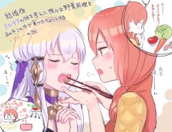 2girls carrot chopsticks feeding female_focus fire_emblem fire_emblem:_three_houses from_side hair_ornament highres leonie_pinelli lettuce long_hair lysithea_von_ordelia matching_hair/eyes multiple_girls nintendo open_mouth orange_eyes orange_hair sakuramotikun tomato upper_body white_hair