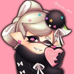 Rule 34 | 1girl, black gloves, black shirt, blush, earrings, english text, gift, gloves, grey hair, grin, heart, heart-shaped pupils, highres, holding, inkling, jewelry, long hair, long sleeves, looking at viewer, marie (splatoon), mole, mole under eye, nintendo, one eye closed, pink background, pointy ears, portrait, puchiman, sharp teeth, shirt, simple background, smile, solo, splatoon (series), splatoon 1, star (symbol), symbol-shaped pupils, teeth, tentacle hair, twitter username, valentine