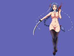 Rule 34 | 1girl, black thighhighs, blue background, blue hair, braid, breasts, censored, feet, full body, funamushi (funa), kumacchi, large breasts, legs, long hair, looking at viewer, mask, mosaic censoring, navel, nipples, nude, pussy, sandals, simple background, solo, standing, sword, thighhighs, thighs, weapon