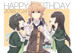 3girls bandaged_arm bandages blunt_bangs braid braided_sidelock brown_eyes brown_hair brown_jacket cake character_name closed_mouth collared_shirt commentary_request dated dress food fork gift green_dress green_neckerchief hairband hand_up hands_up happy_birthday heijou_institute_school_uniform hime_cut holding holding_food holding_fork holding_gift holding_tray jacket jouhou juujou_hiyori long_hair long_sleeves looking_at_another mint_chocolate multiple_girls musumi_kiyoka neckerchief open_mouth origami_family&#039;s_elite_guard_uniform outline polka_dot_hairband red_eyes sailor_collar school_uniform shidou_maki_(toji_no_miko) shirt short_hair sideways_mouth sleeve_cuffs standing striped_clothes striped_shirt sweat thick_eyebrows toji_no_miko tray v-shaped_eyebrows white_jacket white_outline white_shirt winter_uniform