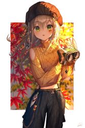 Rule 34 | 1girl, autumn, autumn leaves, belt, binoculars, black gloves, cowboy shot, denim, dopoing, facial mark, feathers, fingerless gloves, gloves, green eyes, hair between eyes, hat, holding, jeans, light brown hair, long hair, long sleeves, looking at viewer, midriff, nail polish, open mouth, original, pants, signature, solo, standing, sweater, turtleneck, turtleneck sweater