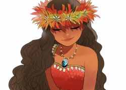 Rule 34 | 1girl, arms at sides, bare shoulders, brown hair, closed eyes, curly hair, dark-skinned female, dark skin, disney, eyelashes, flower, head wreath, jewelry, light smile, long hair, moana (movie), moana waialiki, necklace, pano (mohayayamai), red flower, shaded face, simple background, sleeveless, solo, upper body, white background