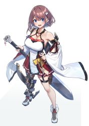 Rule 34 | 1girl, absurdres, baffu, bare shoulders, blue eyes, breasts, brown hair, detached sleeves, from above, full body, greatsword, hair ornament, hairclip, hand on own hip, highres, hitoyo (baffu), holding, holding sword, holding weapon, huge weapon, large breasts, nail art, nail polish, original, pleated skirt, pouch, short hair, sideless outfit, simple background, single thighhigh, skirt, sleeveless, solo, standing, sword, thigh pouch, thighhighs, weapon, white background